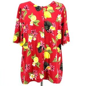 CJ‎ Banks Womens Cardigan 1X Red Lemon Print Tropical Vacation Vibrant Resort